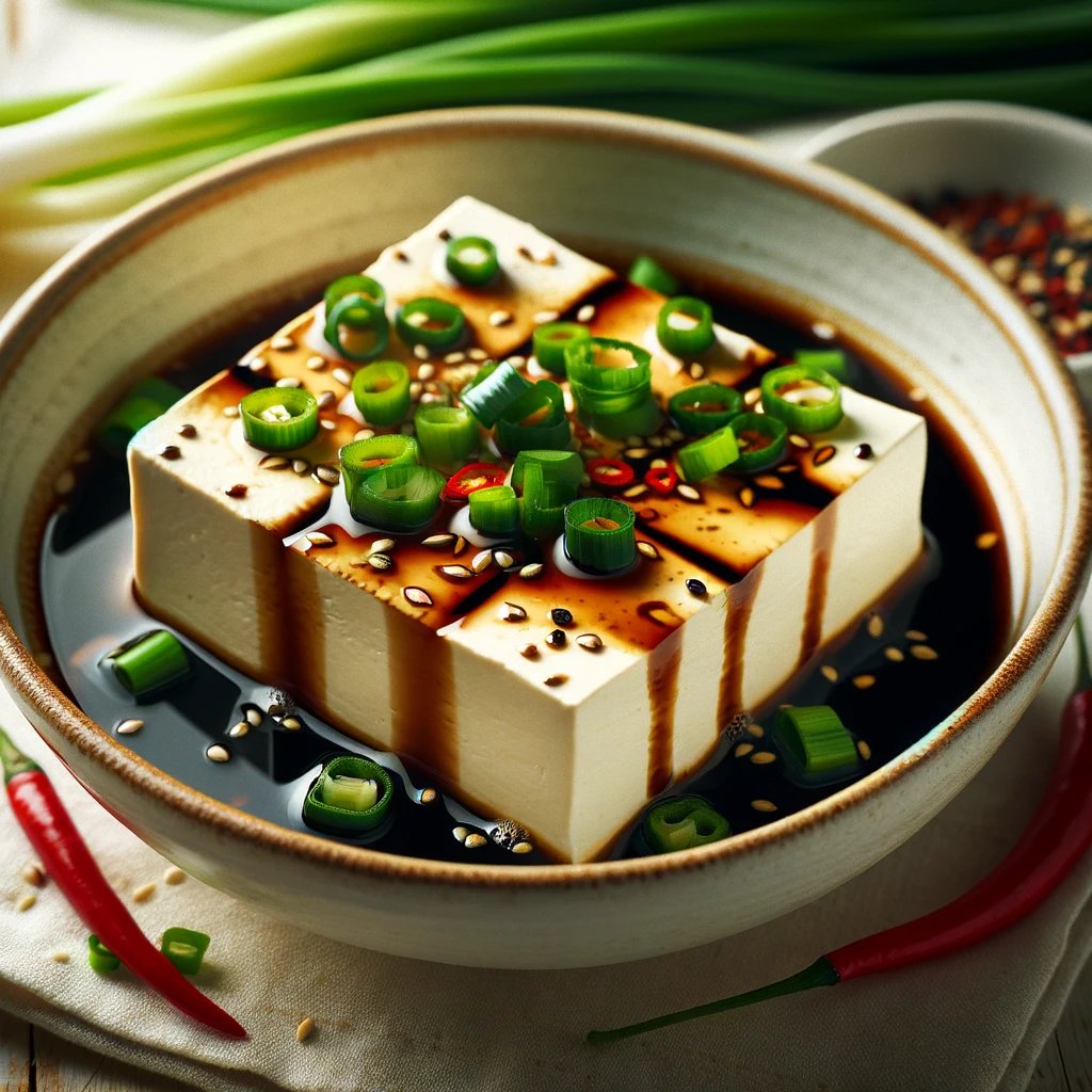 Gedmpfter Tofu mit Sojasoe und Frhlingszwiebeln