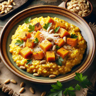 Krbisrisotto mit gersteten Pinienkernen