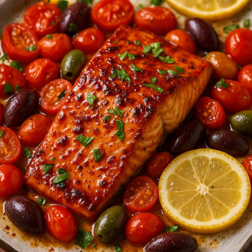 Mediterraner Gochujang-Lachs mit Tomaten, Oliven und Zitrone